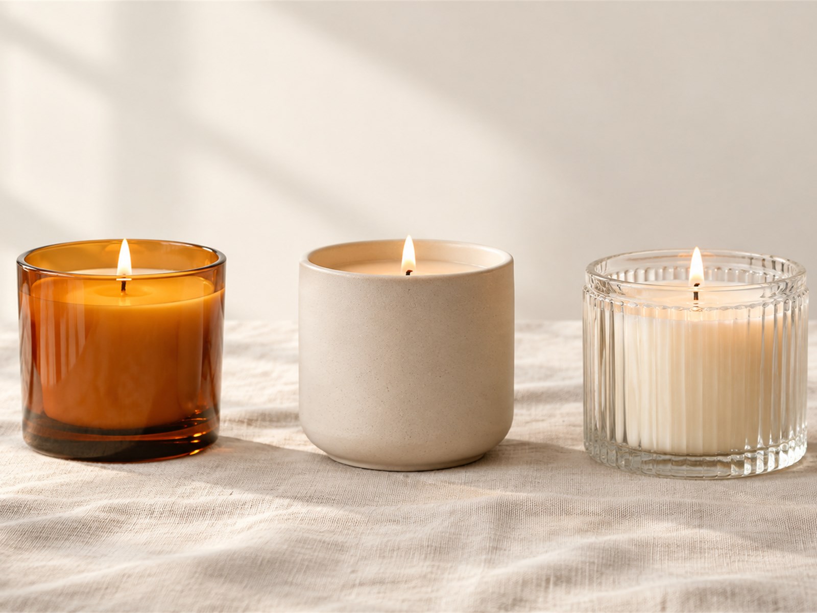 Three small-batch candles in amber glass, labelled by hand